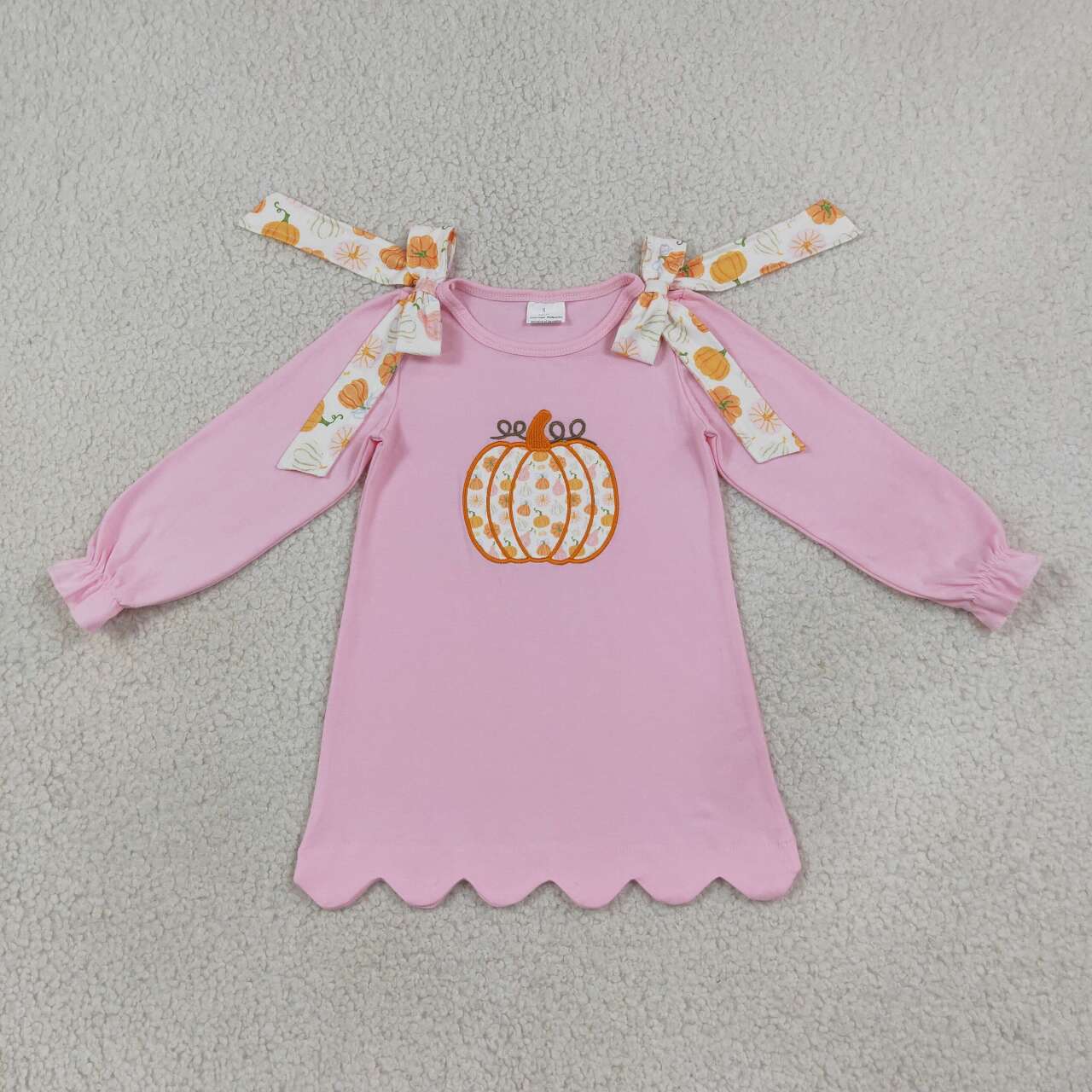 Embroidery Fall pumpkin print girls long sleeve pink dress