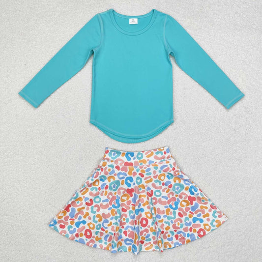 wholesale kids girls blue shirt cheetah skirt 2pcs clothes