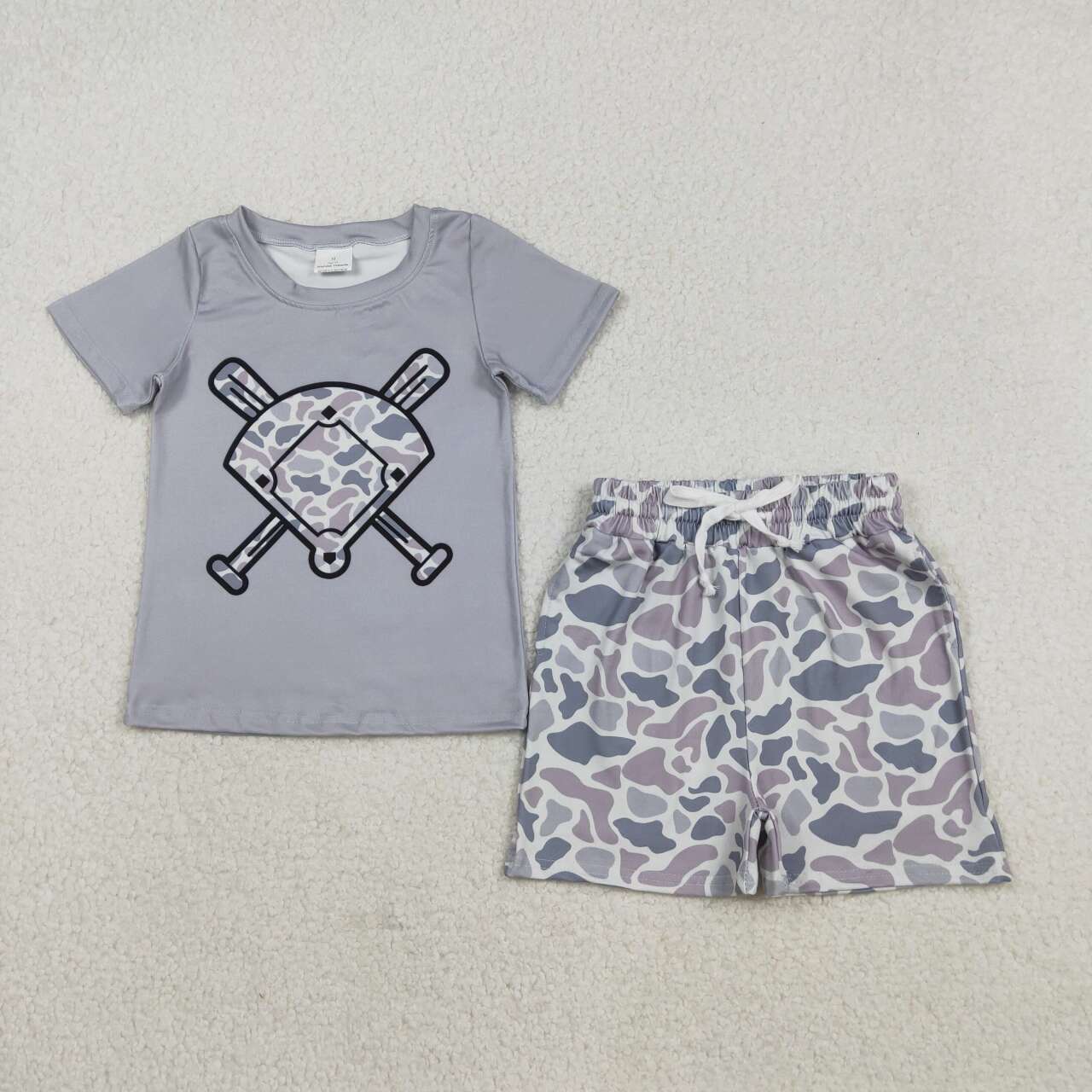 Light grey camo shirt matching shorts boys summer outfit