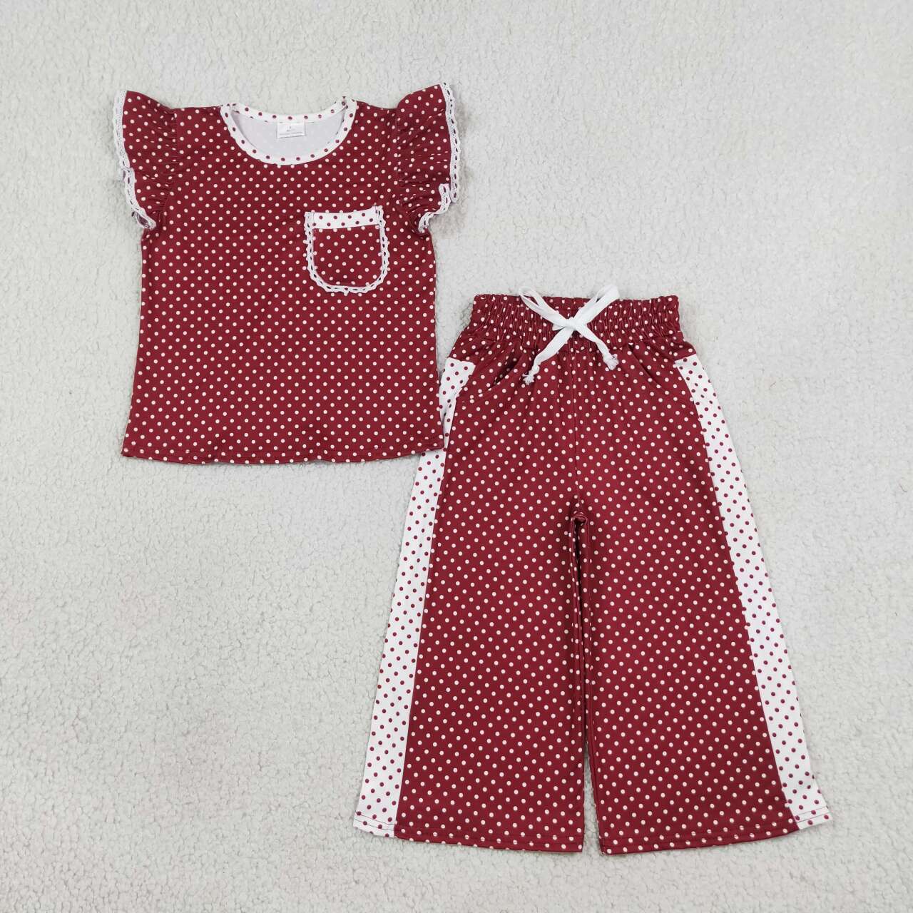Red print short sleeve top matching pants girl outfit