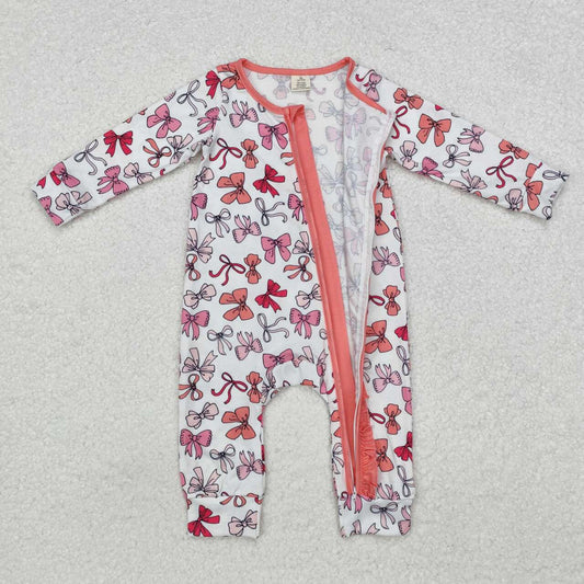 Toddle baby girls pink bow long sleeve bamboo romper