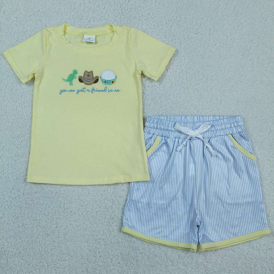 Embroidery Dinosaur top matching shorts boy summer outfit