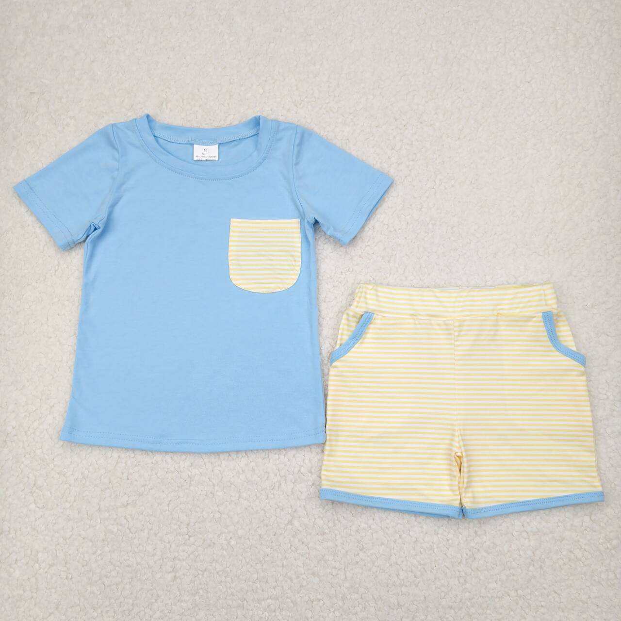 baby boy blue shirt yellow shorts outfit