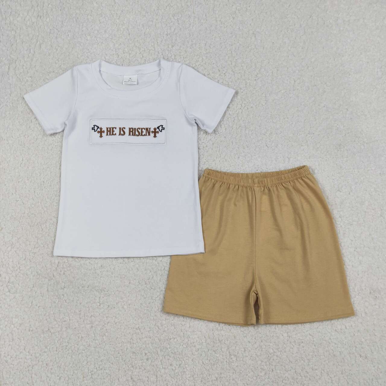 Embroidery He is risen top matching shorts boy summer outfit