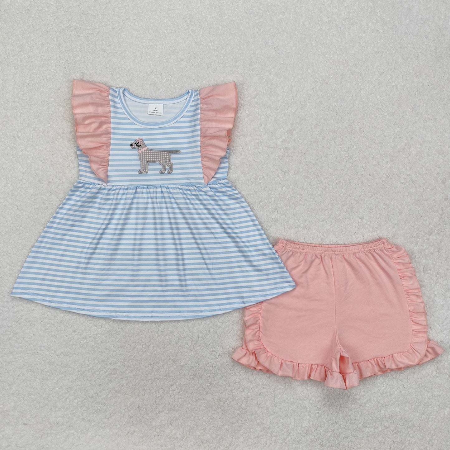 Blue stripes embroidery dog top matching shorts baby girl outfit