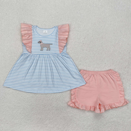 Blue stripes embroidery dog top matching shorts baby girl outfit