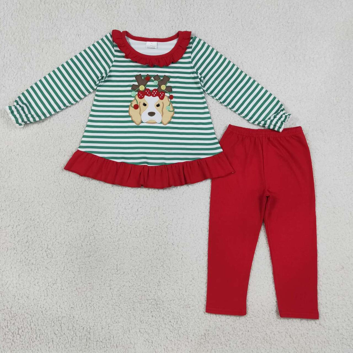 Girls long sleeve Christmas embroidery top matching pants fall outfit