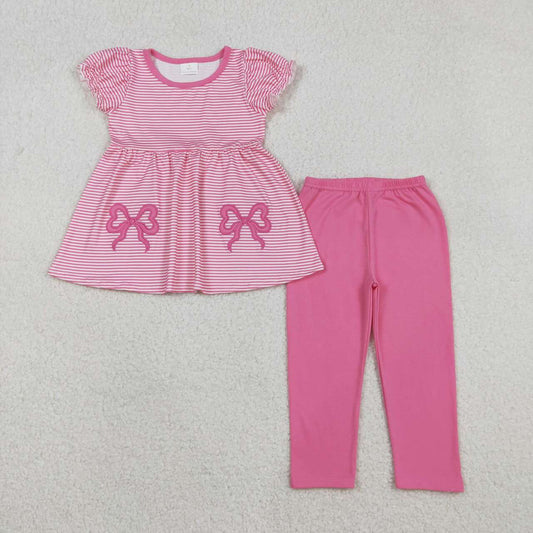 Embroidery Pink bow short sleeve top matching pants baby girl outfit