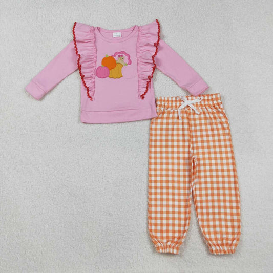 Embroidery Thanksgiving turkey pink shirt orange plaid pants girl clothes