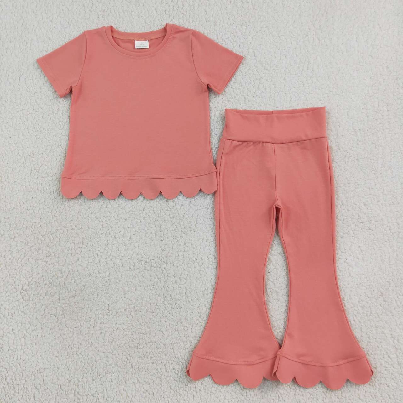 Girl dusty pink short sleeve scallop top matching pants wholesale outfit
