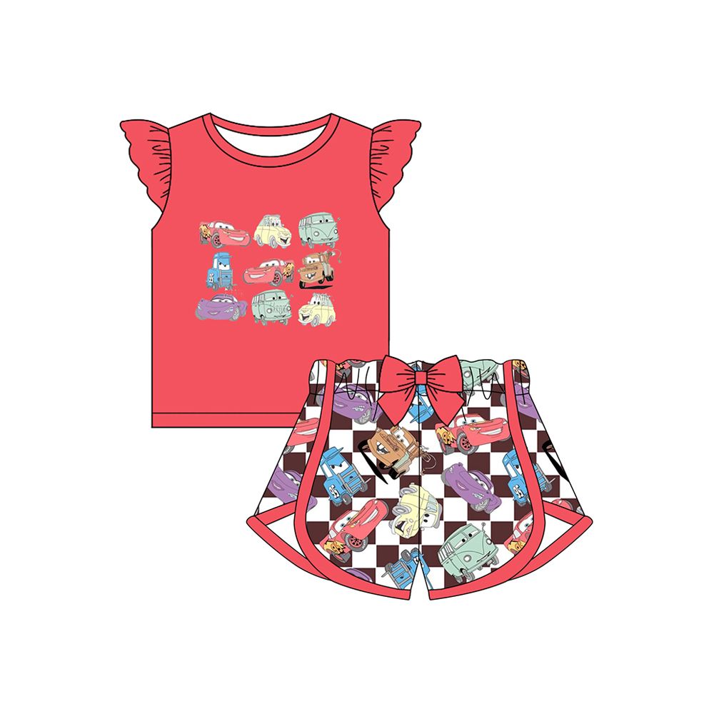 Car design top matching shorts kids girl summer outfit