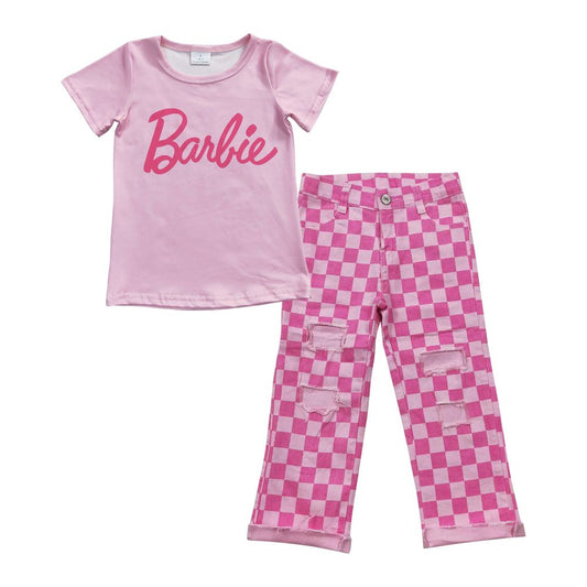 Girls short sleeve doll top pink checkered denim pants 2pcs clothes set outfit