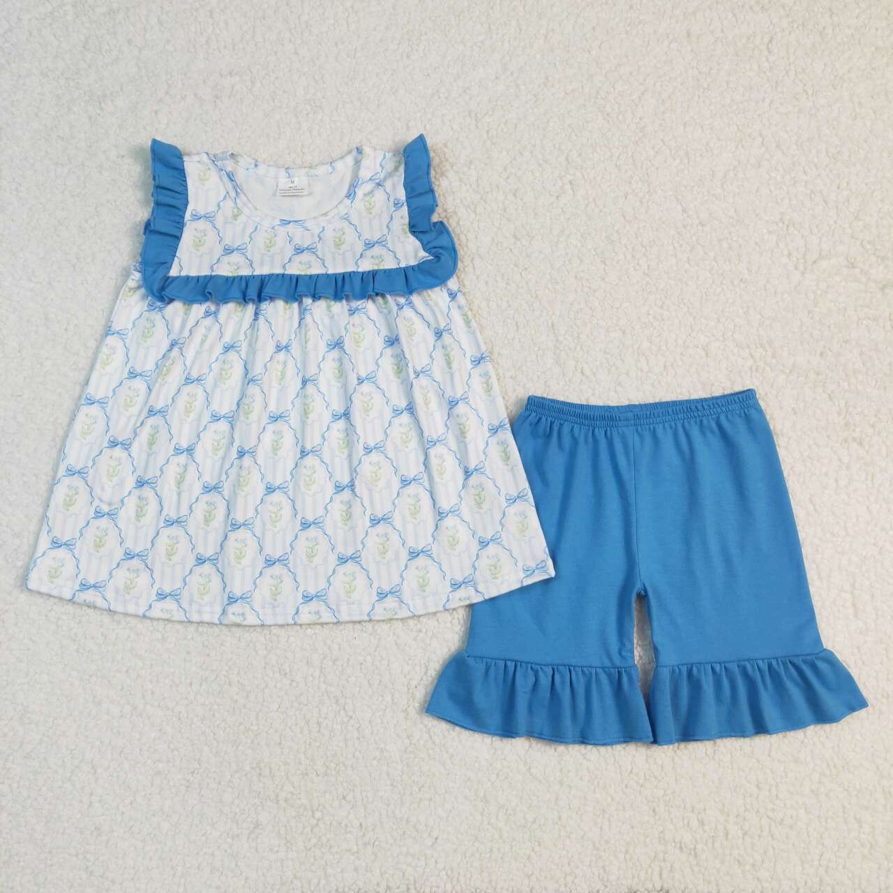 Baby girls blue bow flower summer matching outfit