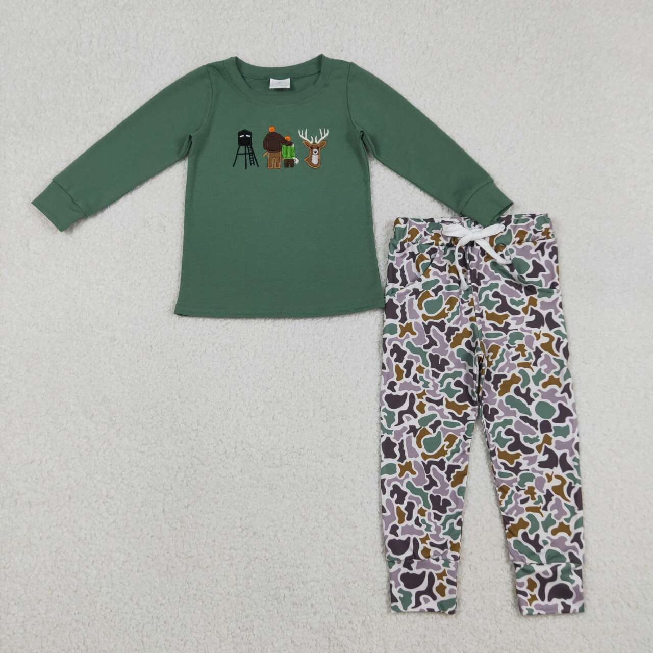 Boys hunting season embroidery deer top matching pants outfit
