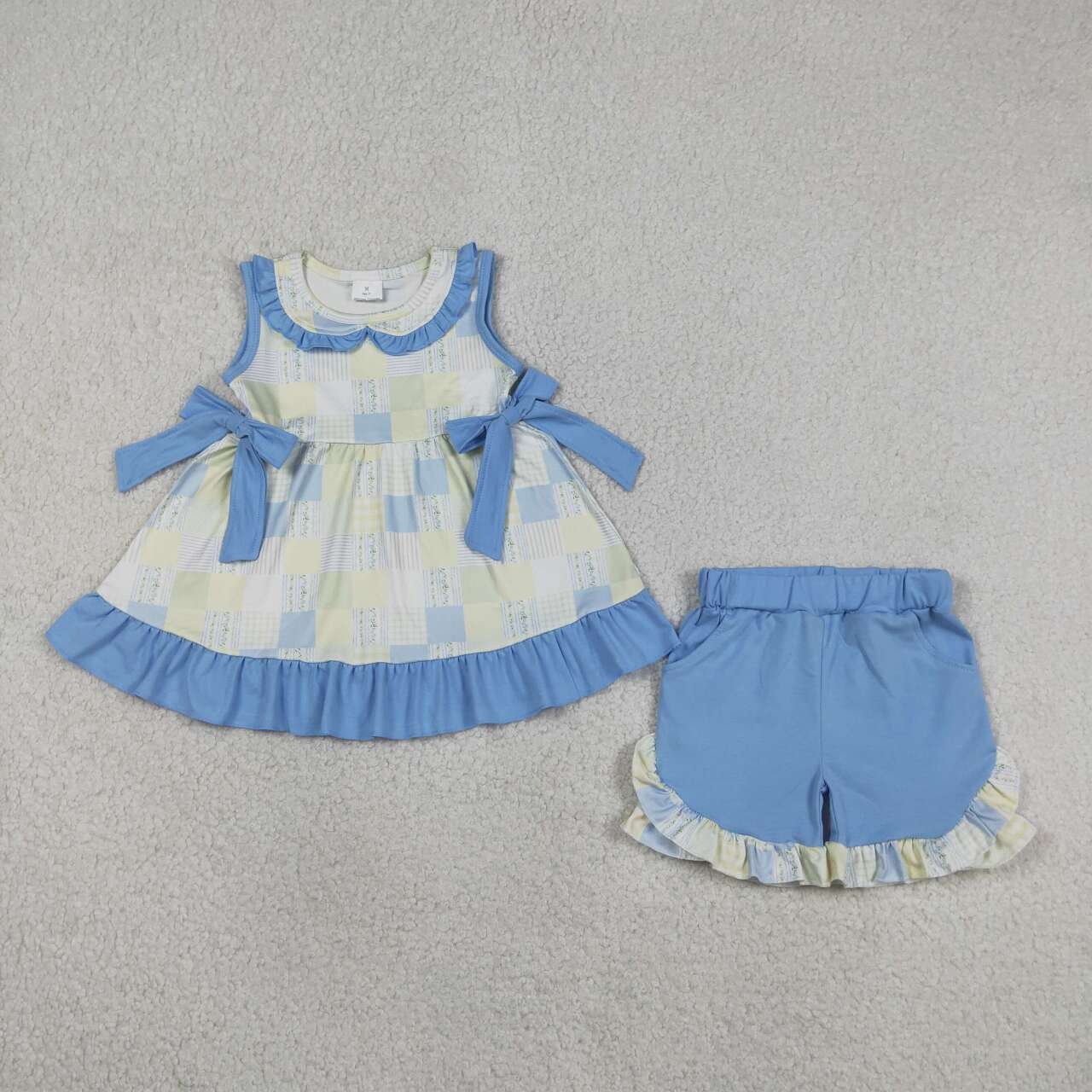 Blue bow top matching shorts girl summer outfit