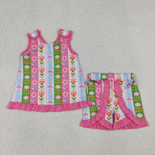 Pink flowers top matching shorts girls summer outfit