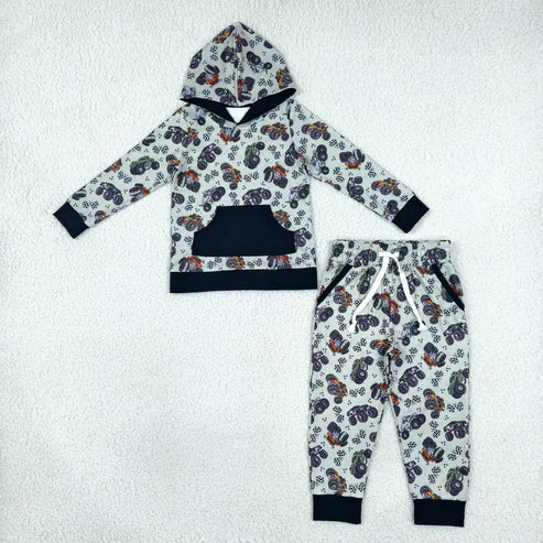 Khaki green camo print boys long sleeve hoodie set outfit