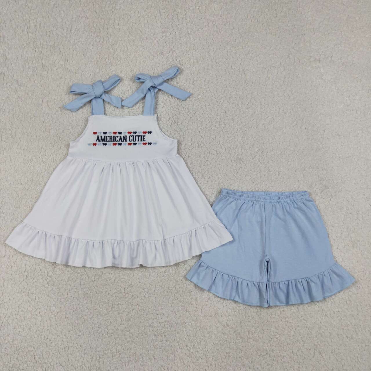 America cutie embroidery top matching shorts girls July 4th summer outfit
