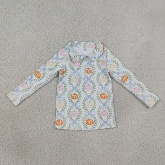 Colorful pumpkin print kids girl long sleeve yoga pullover top