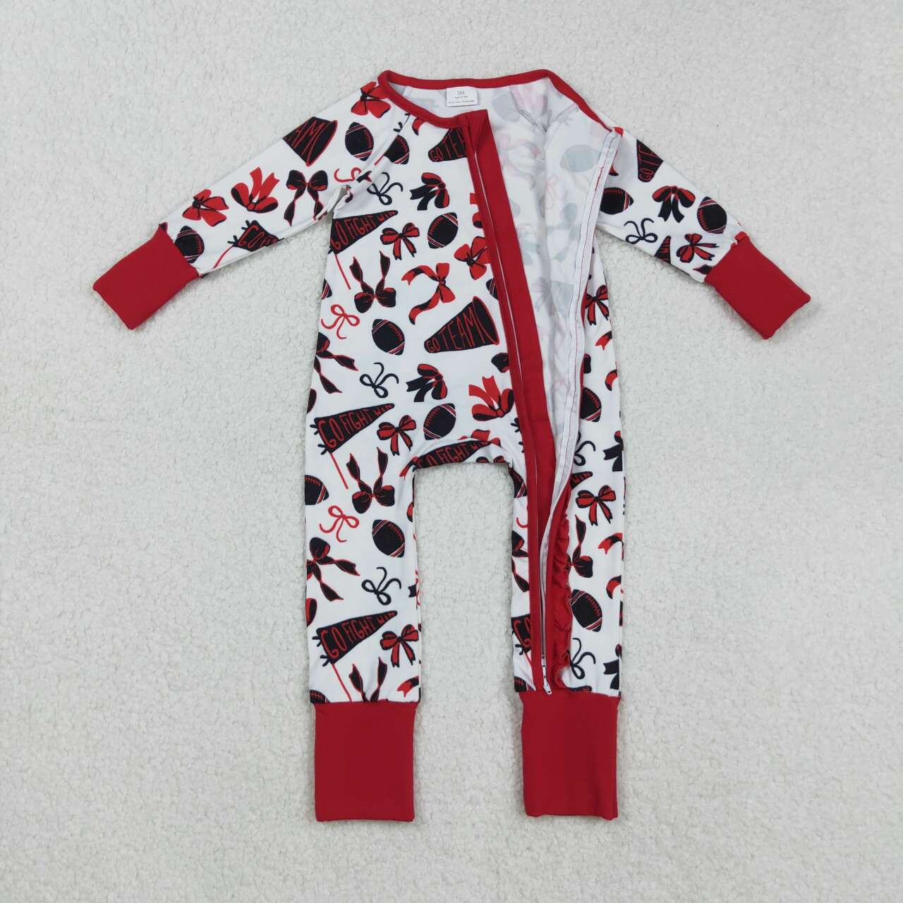 Red bow football design girls long sleeve romper