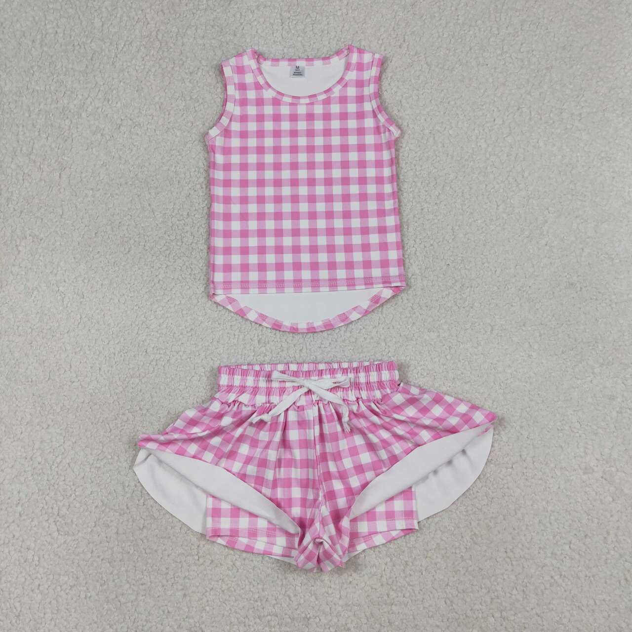 Pink plaid top matching shorts girl summer yoga outfit