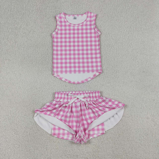 Pink plaid top matching shorts girl summer yoga outfit