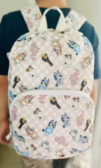 pink checkered blue cartoon dog backpack preorder