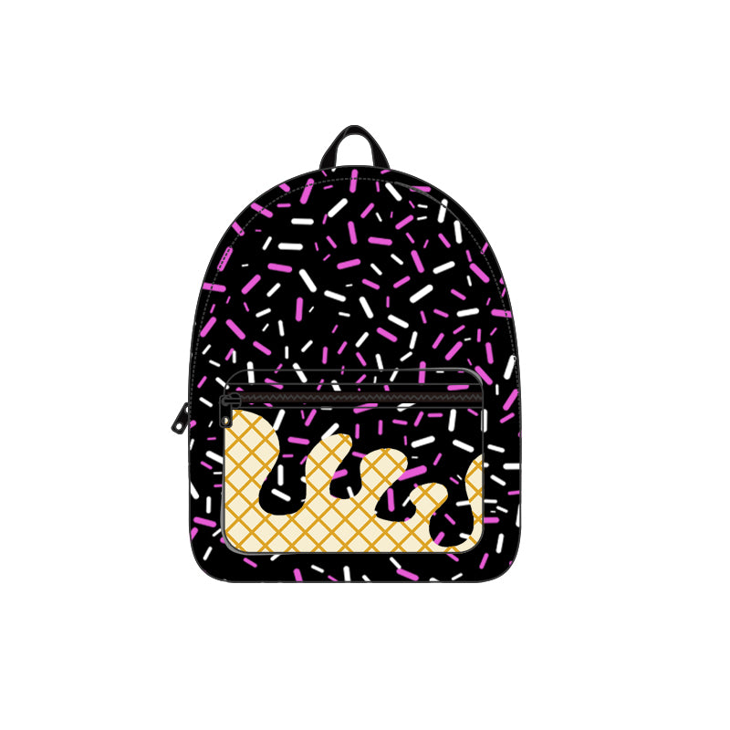 Black ice cream sprinkle design kids baby backpack preorder