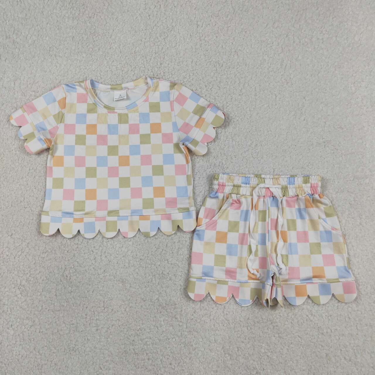 Colorful checkered design top matching shorts girls summer outfit