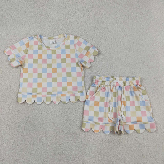 Colorful checkered design top matching shorts girls summer outfit