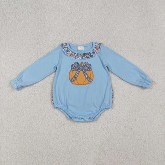 Embroidery Fall pumpkins design infant baby girl long sleeve  romper