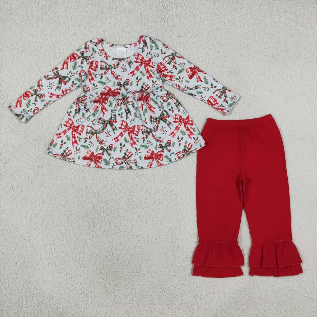 Long sleeve Christmas red green bow top matching pants girl wholesale factory price outfit