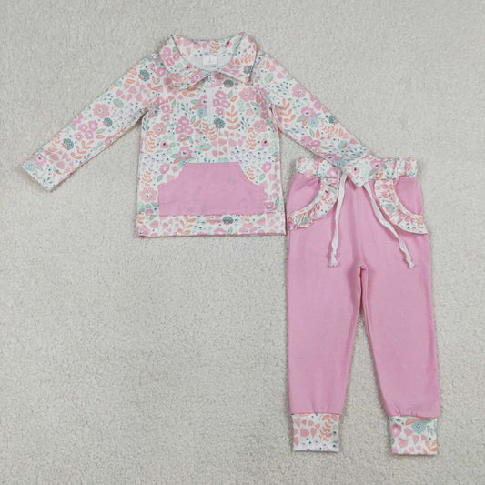 Pink floral design kids girls long sleeve outfit