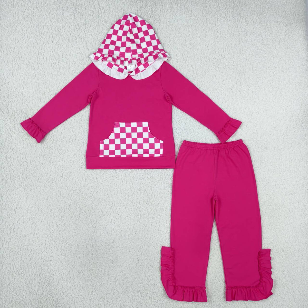 Hot pink plaid long sleeve top matching pants girls fall winter outfit