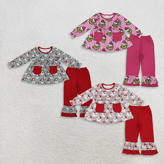 Christmas santa claus long sleeve top matching pants girl outfit