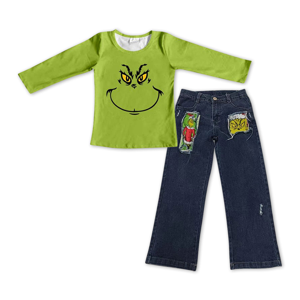 Green cartoon long sleeve top denim pants Christmas outfit