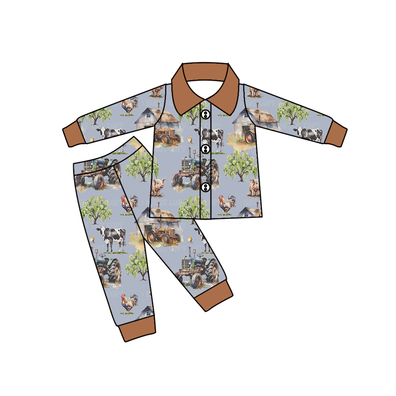 Boy farm cow button down pajama set preorder