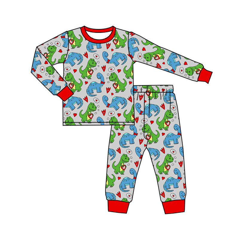 boy Valentines day heart print long sleeve dinosaur outfit preorder