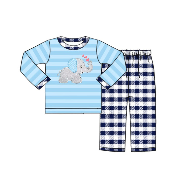 baby boy elephant top navy plaid pants outfit preorder