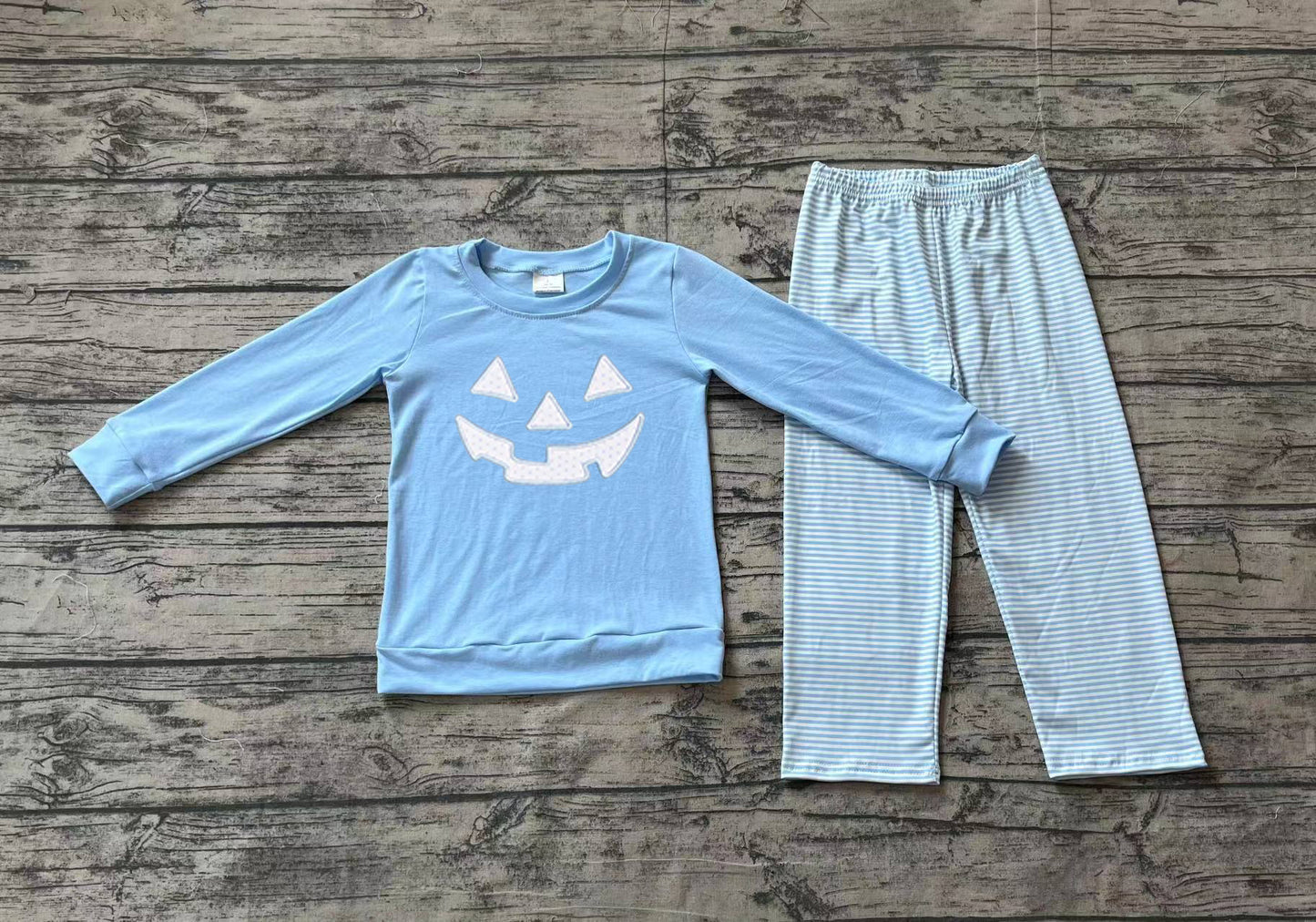 toddle baby boy embroidery halloween pumpkin blue outfit preorder