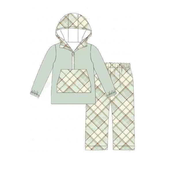 kids baby boy wholesale blue plaid long sleeve hoodie set preorder