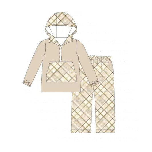 kids baby boy wholesale khaki plaid long sleeve hoodie set preorder