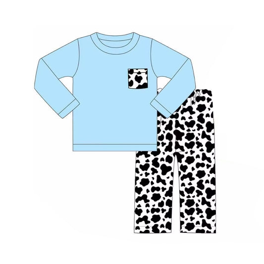 baby boy clothes blue long sleeve shirt cowhide pants 2pcs outfit preorder