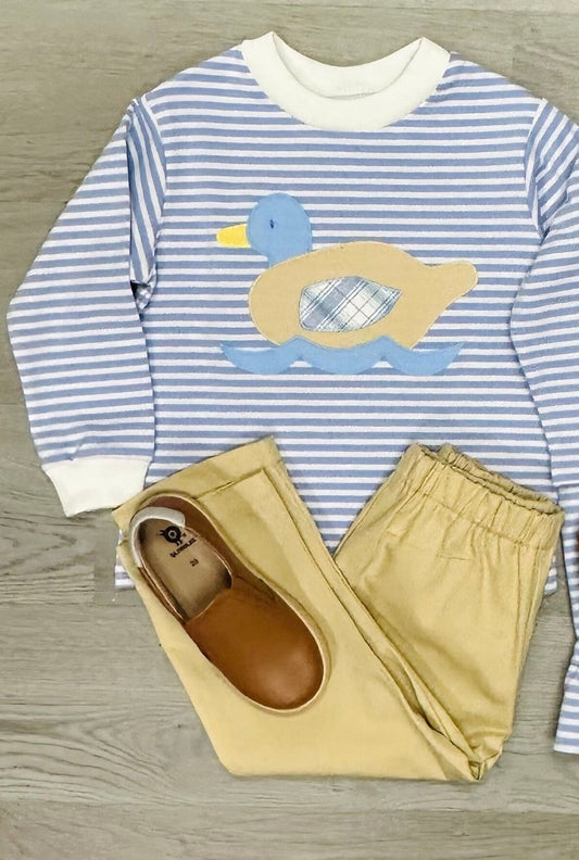 Cute duck blue stirpes top khaki pants clothes preorder