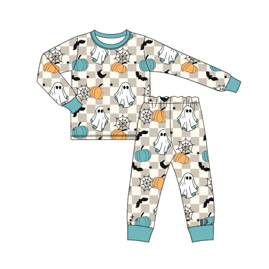 baby boy clothes Halloween ghost pumpkin grey checkered long sleeve pajama set preorder