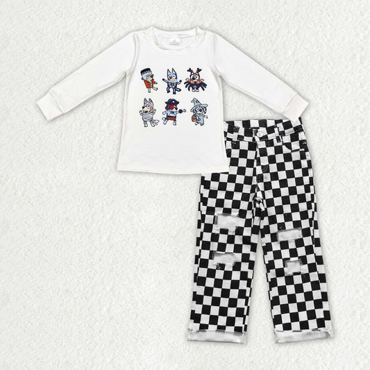 Halloween blue cartoon dog top black checkered jeans pants baby clothes