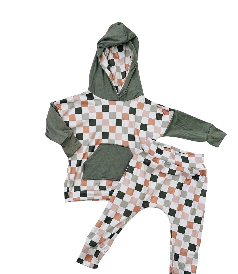 Infant baby boy long sleeve checkered hoodie set preorder
