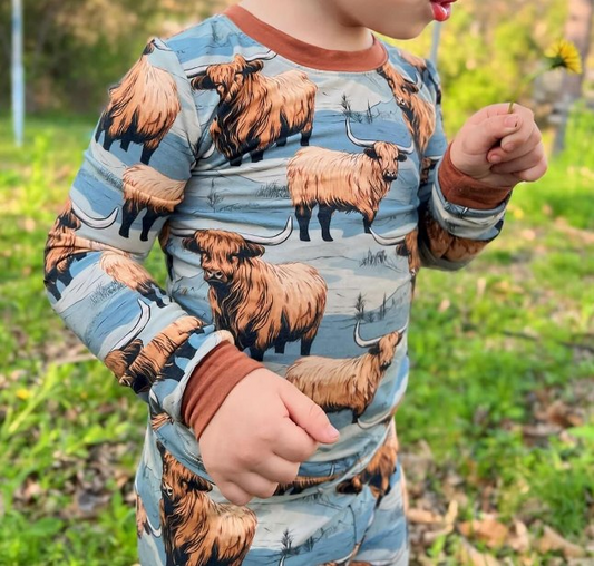 Baby boy western highland cow long sleeve pajama set preorder