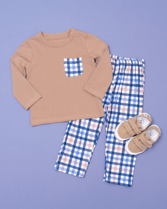 Long sleeve pocket top plaid pants baby boy clothes preorder