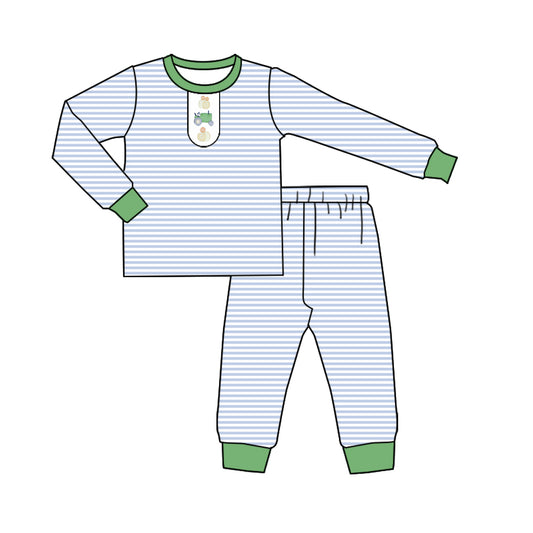 Fall pumpkin tractor blue stripes design boys long sleeve matching outfit preorder